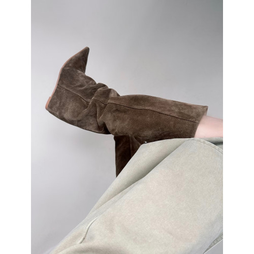 KA小林女鞋小衆設計25秋冬新款棕色堆堆靴尖頭騎士靴女不過膝靴子