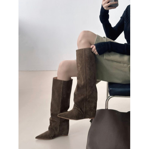 KA小林女鞋小衆設計25秋冬新款棕色堆堆靴尖頭騎士靴女不過膝靴子