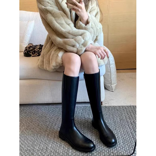 精緻高級~真皮圓頭長筒靴側拉鍊高筒靴女顯瘦金屬釦直筒靴騎士靴 精緻高級~真皮圓頭長筒靴側拉鍊高筒靴女顯瘦金屬釦直筒靴騎士靴