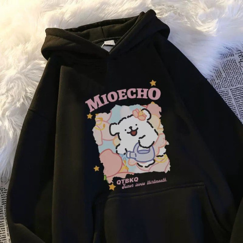 銀狐絨韓版潮牌線條小狗印花連帽衛衣男女休閒秋冬季ins寬鬆外套