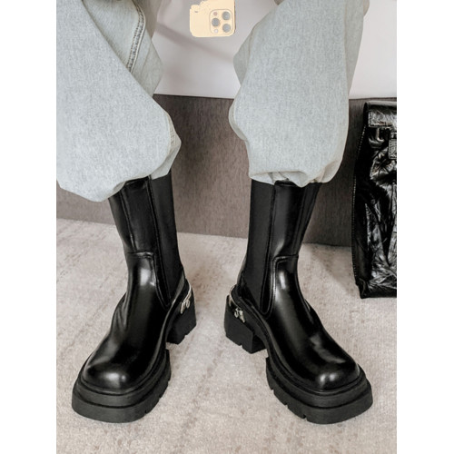 6.5CM英倫風厚底菸筒靴女學院風時尚高跟松糕底真皮彈力瘦瘦短靴