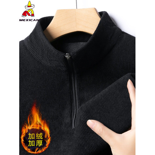 稻草人加絨加厚男士衛衣冬季保暖拉鍊半高領休閒上衣燈芯絨打底衫