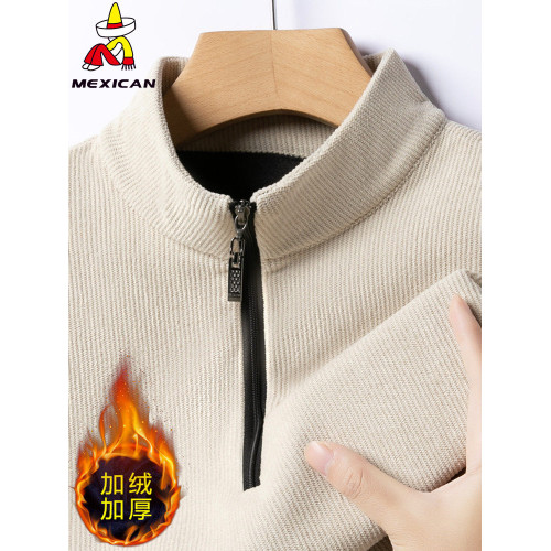 稻草人加絨加厚男士衛衣冬季保暖拉鍊半高領休閒上衣燈芯絨打底衫