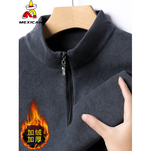 稻草人加絨加厚男士衛衣冬季保暖拉鍊半高領休閒上衣燈芯絨打底衫