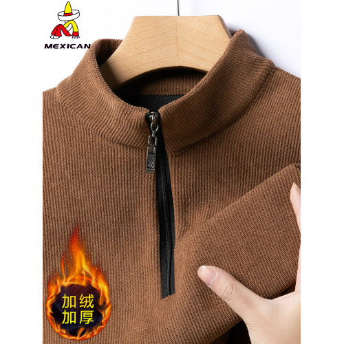 稻草人加絨加厚男士衛衣冬季保暖拉鍊半高領休閒上衣燈芯絨打底衫