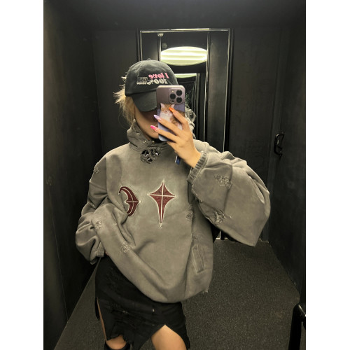 Thug Club髒染水洗做舊破壞連帽衛衣高街休閒潮牌帽衫樸宰範同款 Thug Club髒染水洗做舊破壞連帽衛衣高街休閒潮牌帽衫樸宰範同款