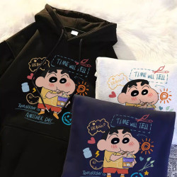 銀狐絨日系百搭蠟筆小新印花連帽衛衣情侶裝ins寬鬆秋冬季上衣男