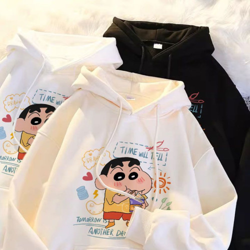 銀狐絨日系百搭蠟筆小新印花連帽衛衣情侶裝ins寬鬆秋冬季上衣男