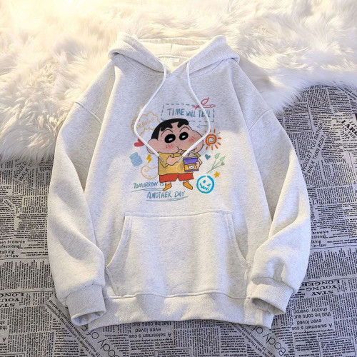 銀狐絨日系百搭蠟筆小新印花連帽衛衣情侶裝ins寬鬆秋冬季上衣男