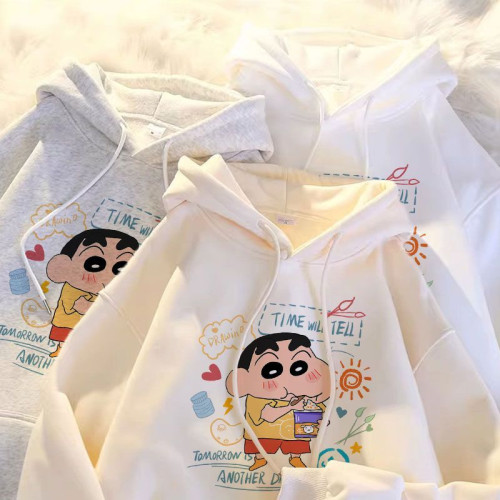 銀狐絨日系百搭蠟筆小新印花連帽衛衣情侶裝ins寬鬆秋冬季上衣男