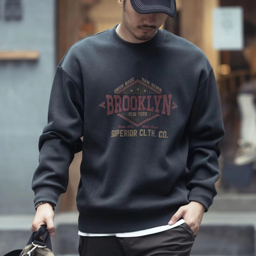 美式重磅圓領衛衣男春秋季加厚加絨寬鬆大碼套頭打底衫休閒外套