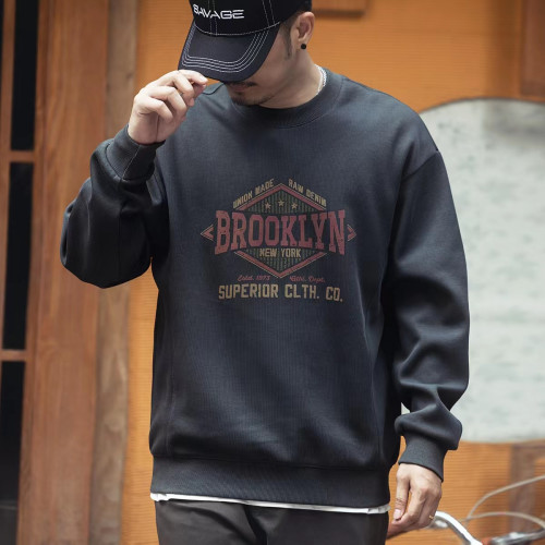 美式重磅圓領衛衣男春秋季加厚加絨寬鬆大碼套頭打底衫休閒外套