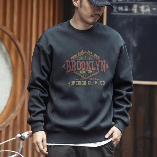 美式重磅圓領衛衣男春秋季加厚加絨寬鬆大碼套頭打底衫休閒外套