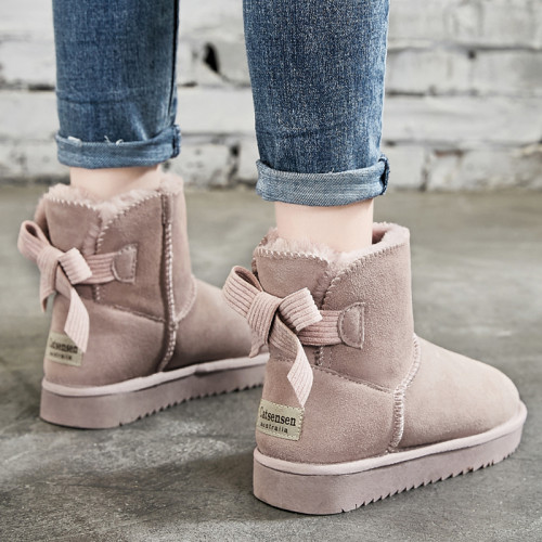 新款蝴蝶結真皮雪地靴女短筒冬季2024加絨保暖短靴子學生防滑棉鞋