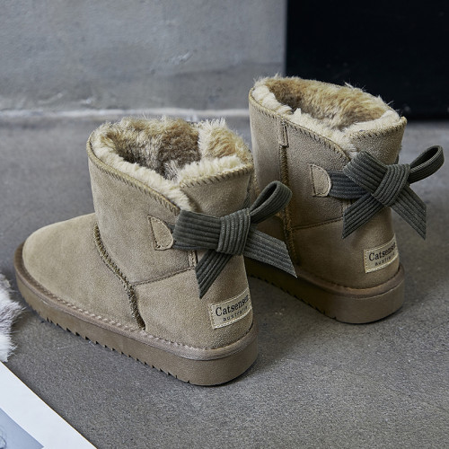 新款蝴蝶結真皮雪地靴女短筒冬季2024加絨保暖短靴子學生防滑棉鞋