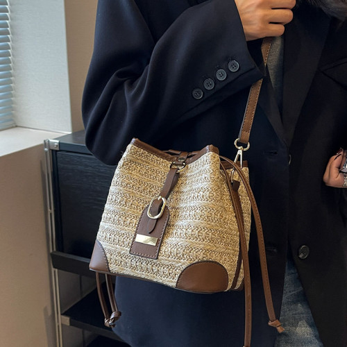 夏季復古撞色百搭小包包女海灘度假休閒草編水桶包2025新款斜後後背包 夏季復古撞色百搭小包包女海灘度假休閒草編水桶包2025新款斜後後背包