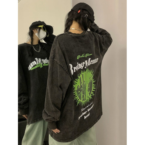 美式高街重磅純棉水洗做舊長袖T恤情侶潮牌寬鬆嘻哈秋冬薄款衛衣 美式高街重磅純棉水洗做舊長袖T恤情侶潮牌寬鬆嘻哈秋冬薄款衛衣