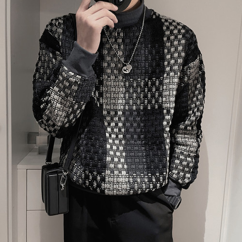 設計感重磅衛衣男秋季痞帥長袖T恤2023新款小香風格子ins男裝外套