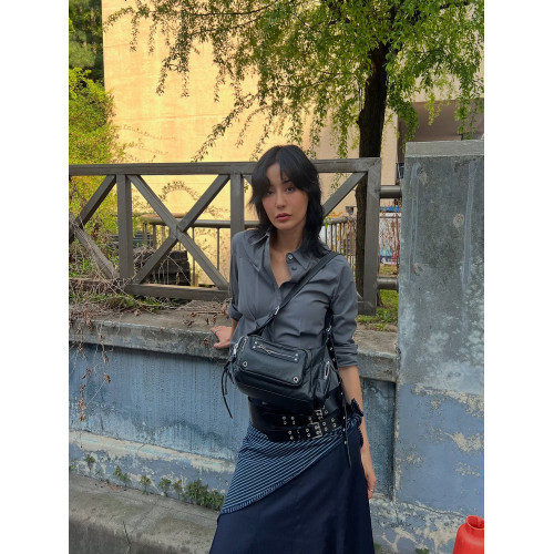 王小寶韓國小衆blackpurple辣妹機車包鉚釘多口袋手提單肩斜後後背包
