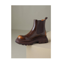 Kmeizu擦色厚底短靴女秋冬馬丁靴真皮菸筒靴真皮機車靴切爾西踝靴