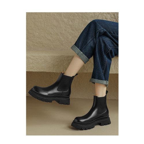 Kmeizu擦色厚底短靴女秋冬馬丁靴真皮菸筒靴真皮機車靴切爾西踝靴