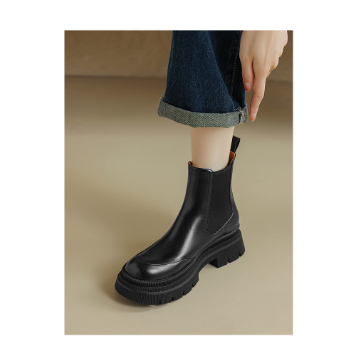 Kmeizu擦色厚底短靴女秋冬馬丁靴真皮菸筒靴真皮機車靴切爾西踝靴