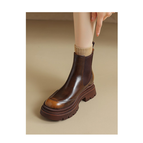 Kmeizu擦色厚底短靴女秋冬馬丁靴真皮菸筒靴真皮機車靴切爾西踝靴