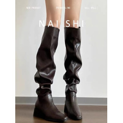 羊皮版！復古黑色堆堆長靴女粗跟方頭高筒西部牛仔靴大筒圍騎士靴