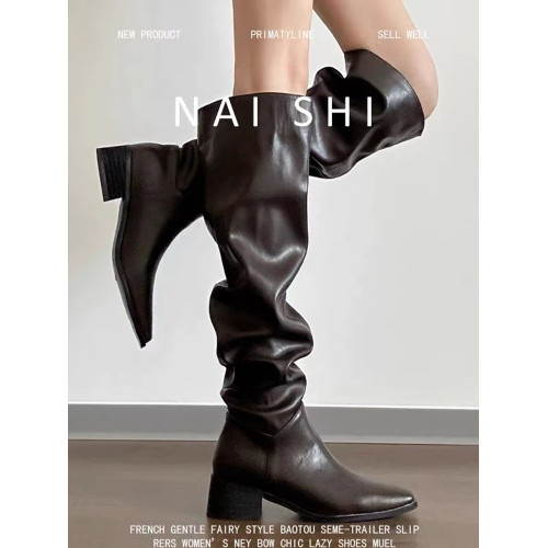 羊皮版！復古黑色堆堆長靴女粗跟方頭高筒西部牛仔靴大筒圍騎士靴