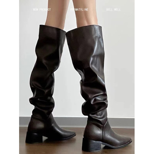 羊皮版！復古黑色堆堆長靴女粗跟方頭高筒西部牛仔靴大筒圍騎士靴