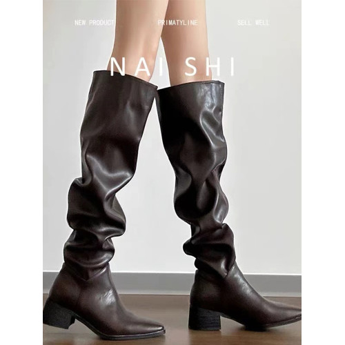 羊皮版！復古黑色堆堆長靴女粗跟方頭高筒西部牛仔靴大筒圍騎士靴