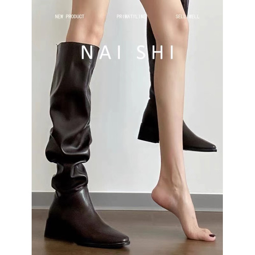 羊皮版！復古黑色堆堆長靴女粗跟方頭高筒西部牛仔靴大筒圍騎士靴