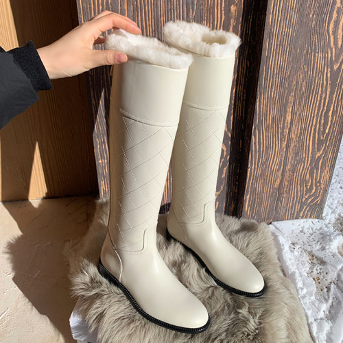 白色雪地靴女冬季加絨加厚皮毛一體保暖平底長筒靴高筒棉靴瘦瘦靴