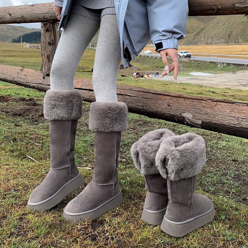 東北加厚網紅超火灰色雪地靴女冬季加絨增高兩穿長筒靴保暖大棉鞋