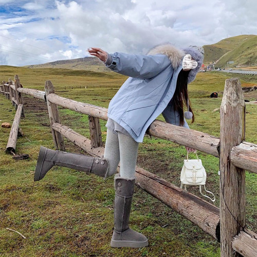 東北加厚網紅超火灰色雪地靴女冬季加絨增高兩穿長筒靴保暖大棉鞋