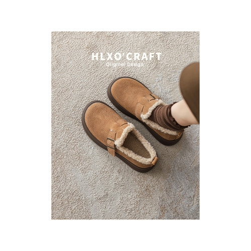 黃佬鞋 雪地靴女2024新款冬季加絨棉鞋毛毛單鞋厚底真皮勃肯鞋