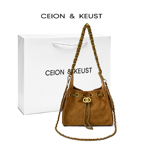 法國CEION & KEUST 復古輕奢鏈條水桶包女單肩包抽繩包時尚托特包