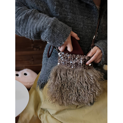 小衆美拉德棕亮片毛毛百搭女生可調節肩帶手機包大容量小衆包包