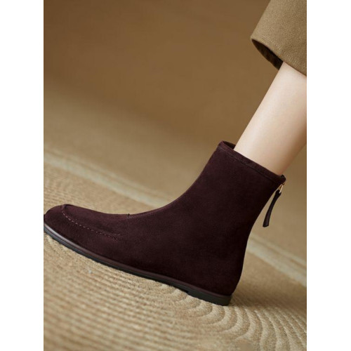 高級感~瘦瘦靴2025新款秋冬磨砂皮平底圓頭灰色短靴女小衆配裙子