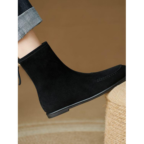 高級感~瘦瘦靴2025新款秋冬磨砂皮平底圓頭灰色短靴女小衆配裙子