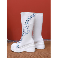 秋冬新款古風厚底增高漢服靴子恨圓頭皂靴古裝古代刺綉武俠長筒白