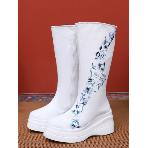 秋冬新款古風厚底增高漢服靴子恨圓頭皂靴古裝古代刺綉武俠長筒白