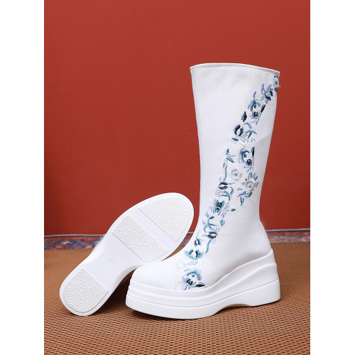 秋冬新款古風厚底增高漢服靴子恨圓頭皂靴古裝古代刺綉武俠長筒白