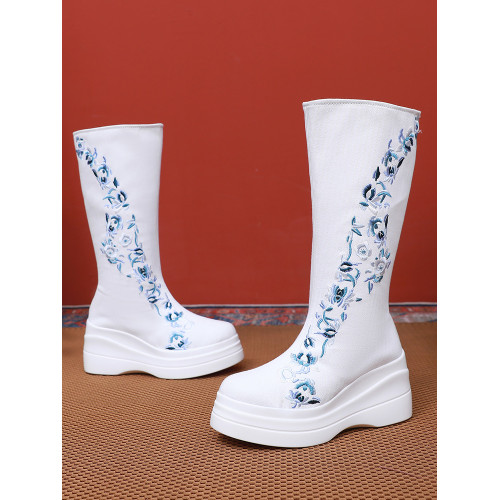 秋冬新款古風厚底增高漢服靴子恨圓頭皂靴古裝古代刺綉武俠長筒白