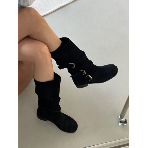 小池在首爾25年秋冬新款圓頭方跟皮帶釦騎士機車中筒絨面韓版女靴