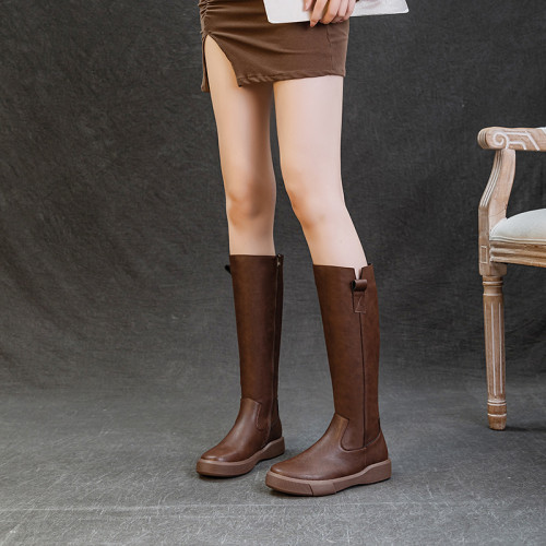 長筒靴女025冬新款大碼41-43加絨不過膝騎士靴顯瘦高筒靴牛皮平底