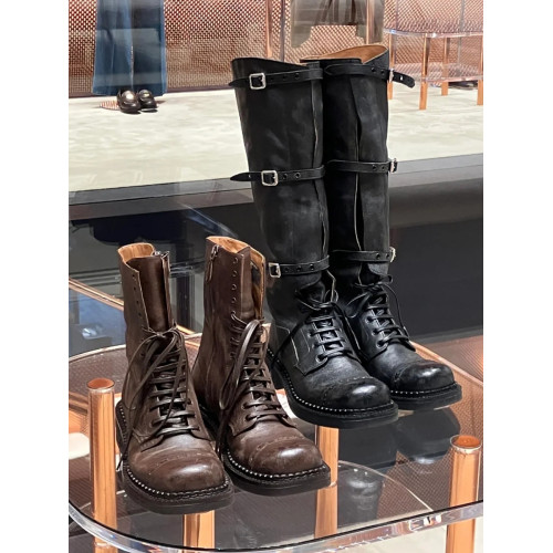 miu家新款~做舊真皮戰損靴復古長筒靴牛仔靴皮帶釦騎士靴短靴子女