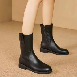 品牌特價馬丁靴女2025秋冬季新款中筒靴簡約百搭粗跟加絨真皮短靴