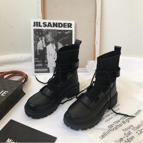 小sun家 馬丁靴女2026春季英倫中筒靴厚底針織系帶靴子女潮ins酷