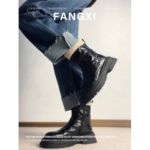 水洗牛皮冬季羊毛加絨靴子保暖雪地靴粗跟短靴女棉靴厚底切爾西靴